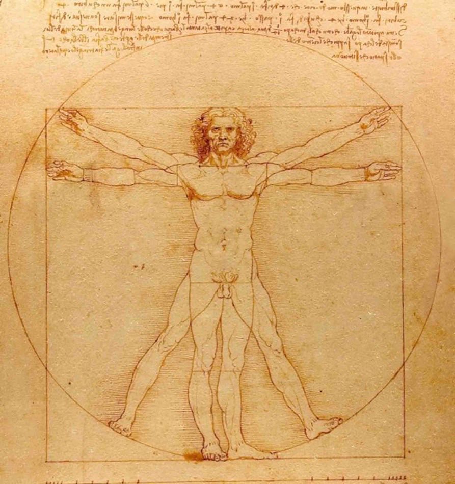 El Hombre de Vitruvio de Leonardo da Vinci: figura humana con brazos y piernas en dos posiciones, inscrita en un círculo y un cuadrado, rodeada de notas en escritura especular.
